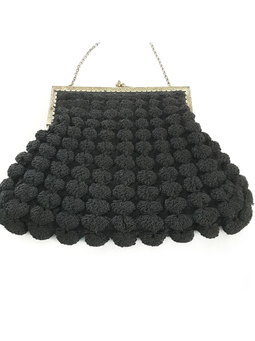 Vintage Black Crochet Evening Bag Metal Frame Chain Handle Kiss Lock Purse